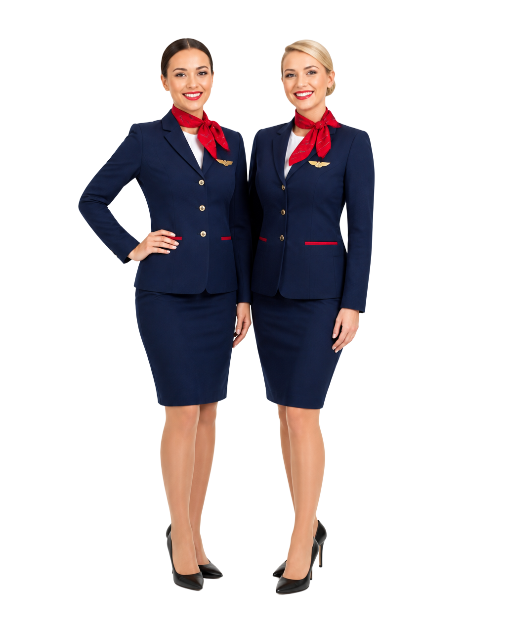 Two Maple Wings cabin crew members in navy uniforms welcoming travellers