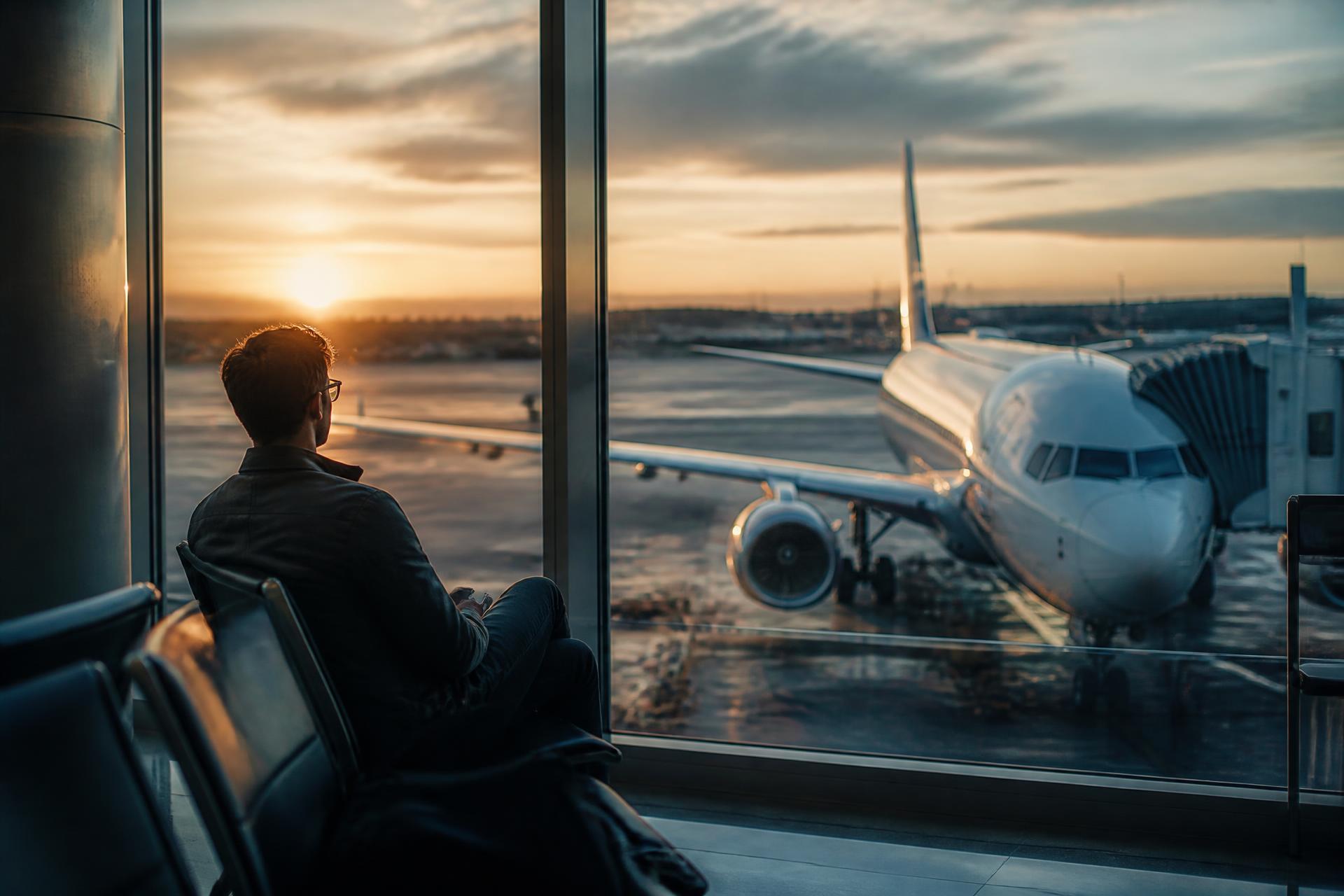Airliner at the boarding gate of a Canadian airport terminal at sunset